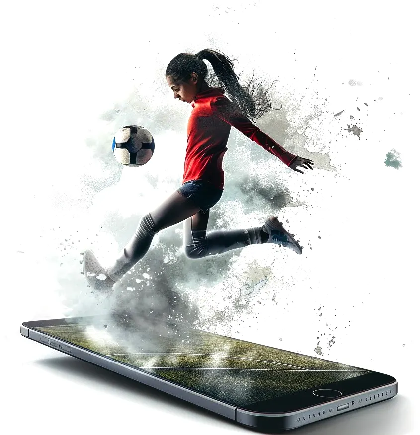 girl kicks the ball on phone